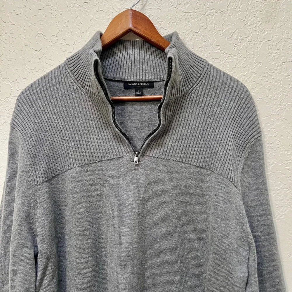 Banana Republic Mens Gray Quarter Zip Sweater Elbow Patches Cotton Blend Large